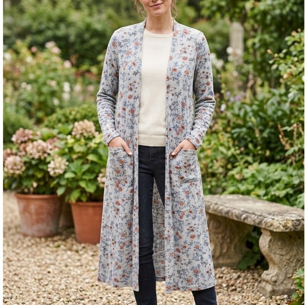 Small LuLaRoe Sarah Duster Cardigan Gray Floral Longline Ribbed‎ Open Front NWT